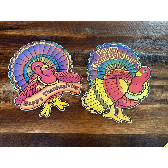 Vintage 1980's Thanksgiving Turkey Window Wall Decor Set Of 7 - Picture 2 of 9